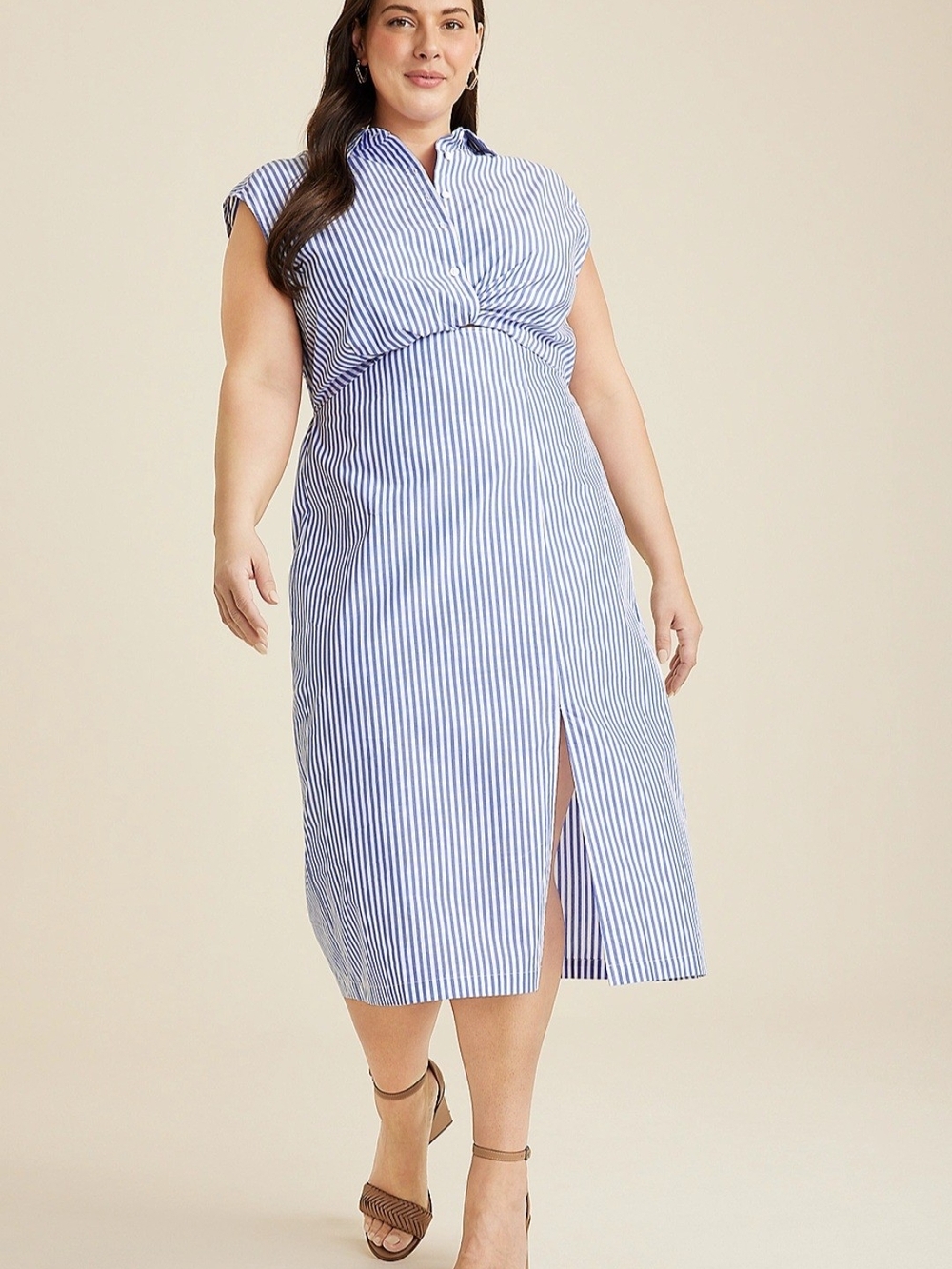 Maurices Blue and White Striped Twist Front Midi Shirt Dress